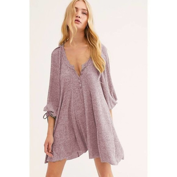 We The Free People Dress BEACHY Boho Oversized Mini Tunic Mauve Vee  Sz XS - S - Picture 1 of 8